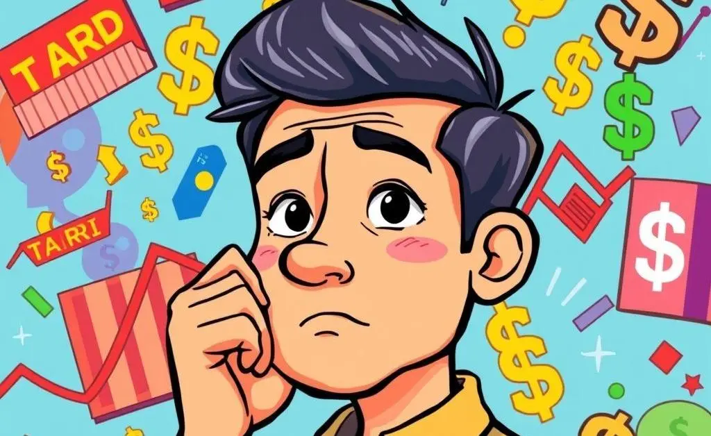 Cartoon drawing of a person thinking about investing amid tariff changes.