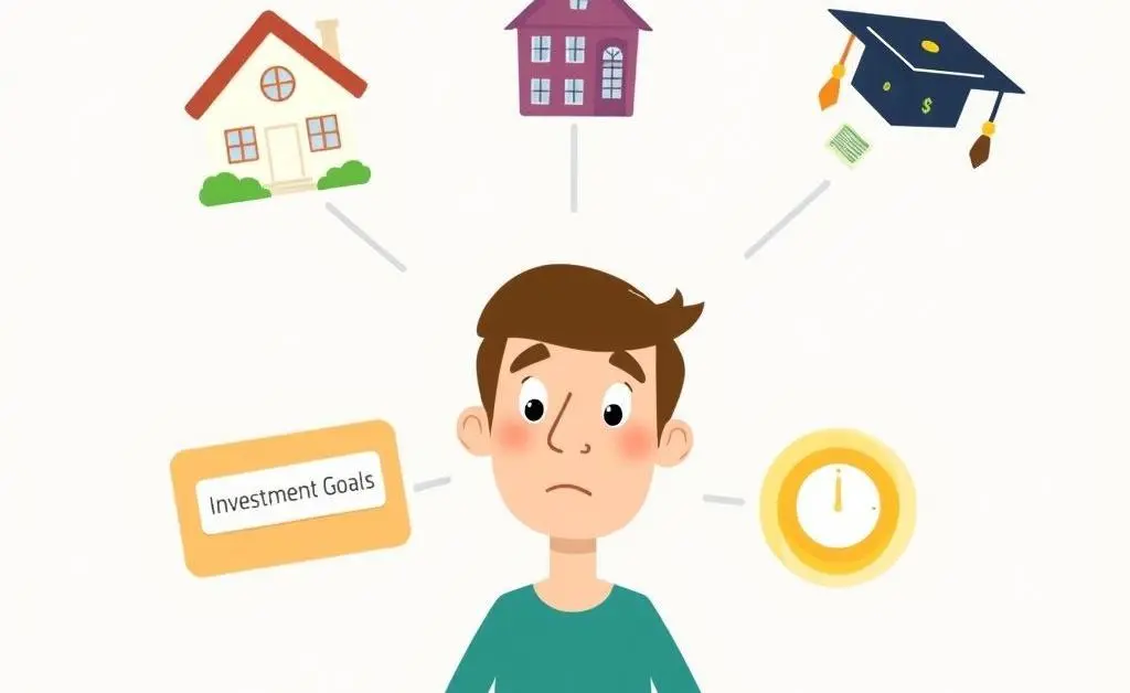 A cartoon-style scene of a person considering different investment goals.