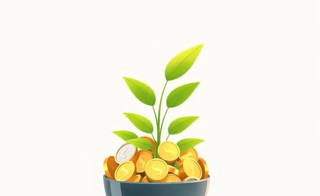 Illustration of a plant growing from a pot of coins, indicating wealth growth through careful investments.