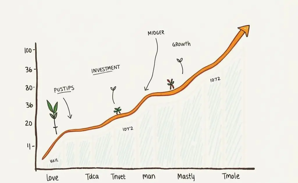 A hand-drawn style graph representing investment growth over time with playful annotations.