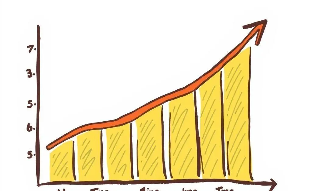 A cartoonish hand-drawn chart showing growth over time, with an upward trending line and dollar signs.