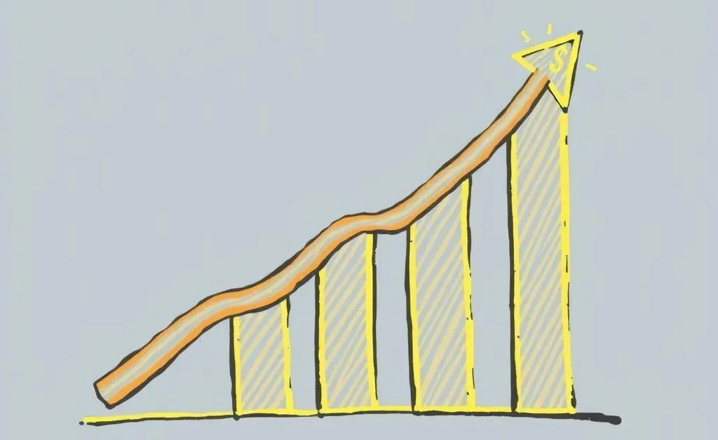 Financial growth chart with upward arrows.