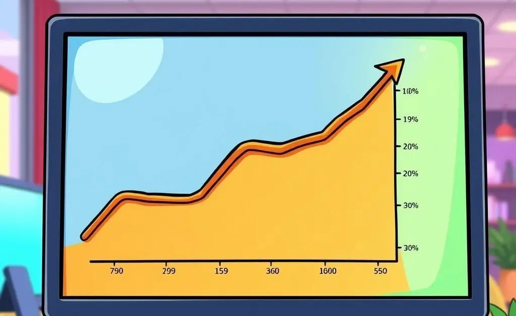 Cartoon-style graph with an upward trend to represent investment growth, displayed on a computer screen.