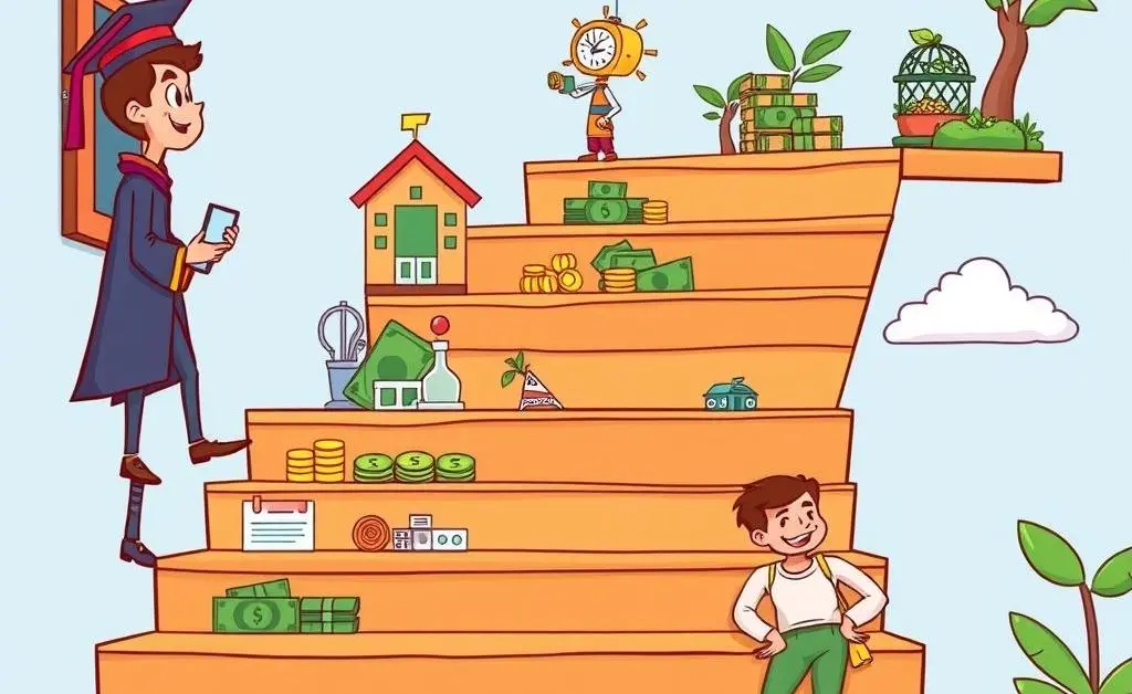 A cartoon-style flight of stairs showing stages of investment growth, from graduation to financial freedom.