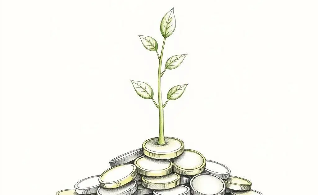 A small tree growing out of coins representing investment growth.