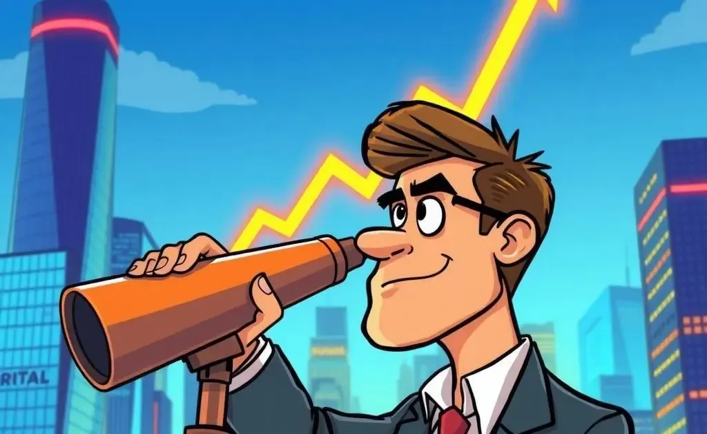 An investor looking through a telescope towards a growing stock market graph