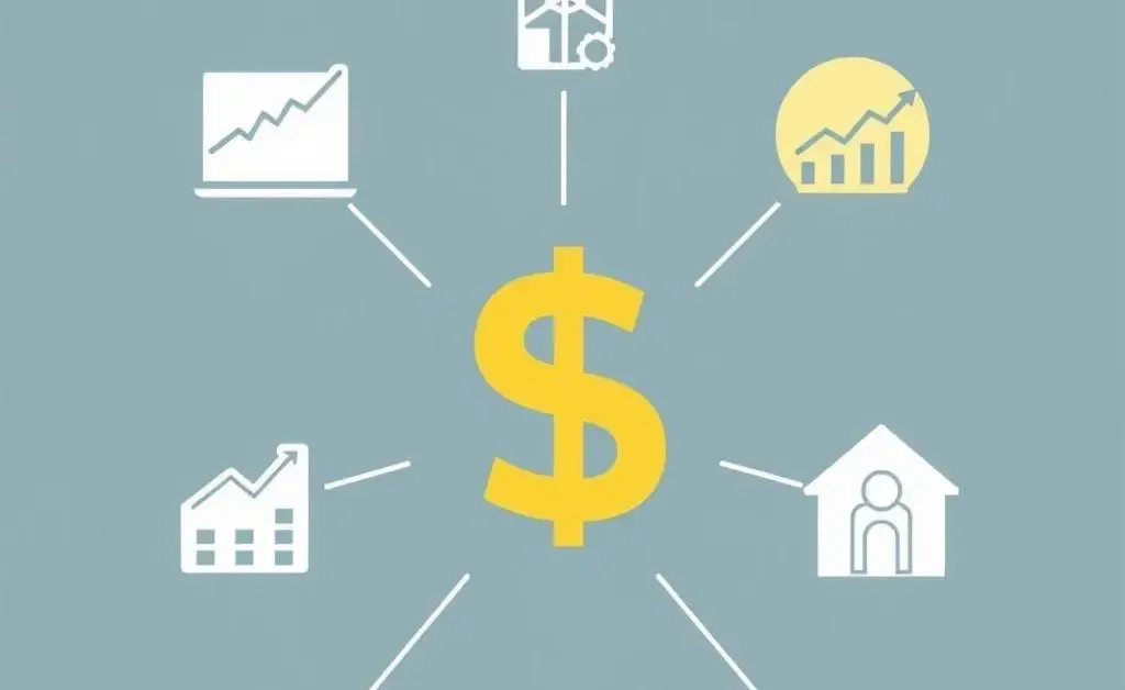 Various investment types like stocks, bonds, and real estate icons.