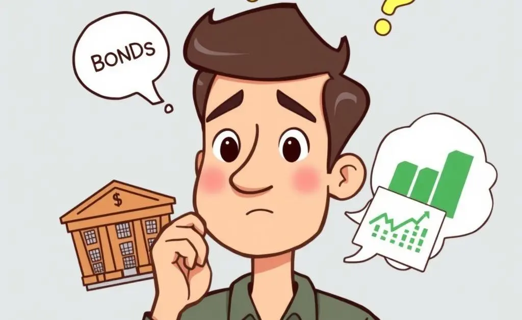 A cartoon-style image of a person thoughtfully considering investment options with bonds and stocks illustrated.