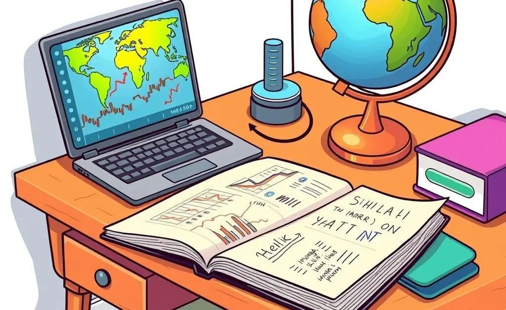 Desk setup with an investing journal, stock trends on laptop, and a globe