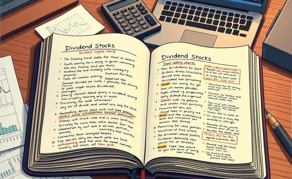 Illustration of an open journal with notes about dividend stocks
