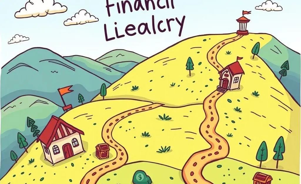 A cartoon hand-drawn map illustrating a journey towards financial understanding.