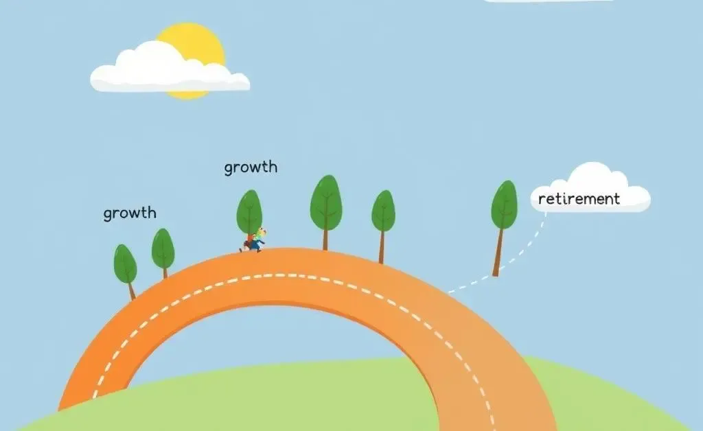 A cartoon-style roadmap depicting different stages of investing, like 'early stages,' 'growth,' and 'retirement.'
