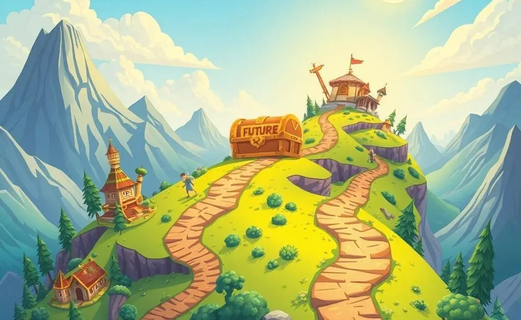 A roadmap of the investment journey ending at a treasure chest.