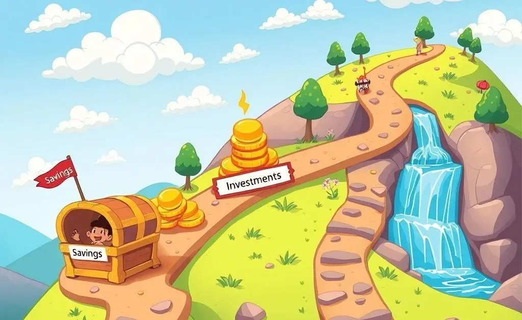 A cartoon-style roadmap illustrating a journey towards financial independence