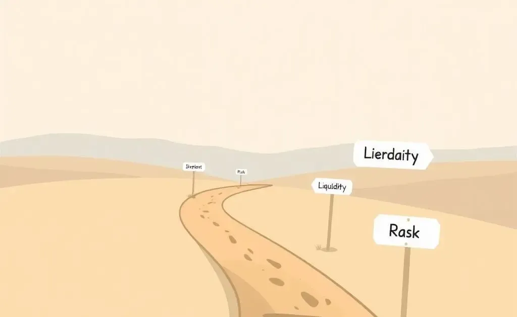 Minimalist illustration of a winding path with signposts labeled with investment terms