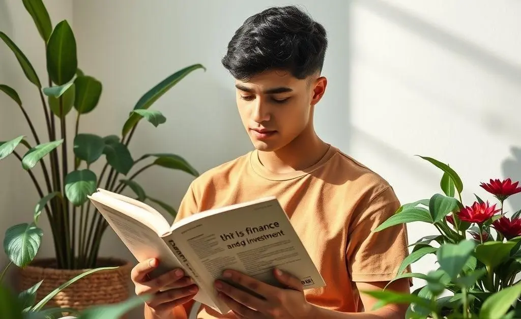 A person calmly reading an investment book in a serene setting.