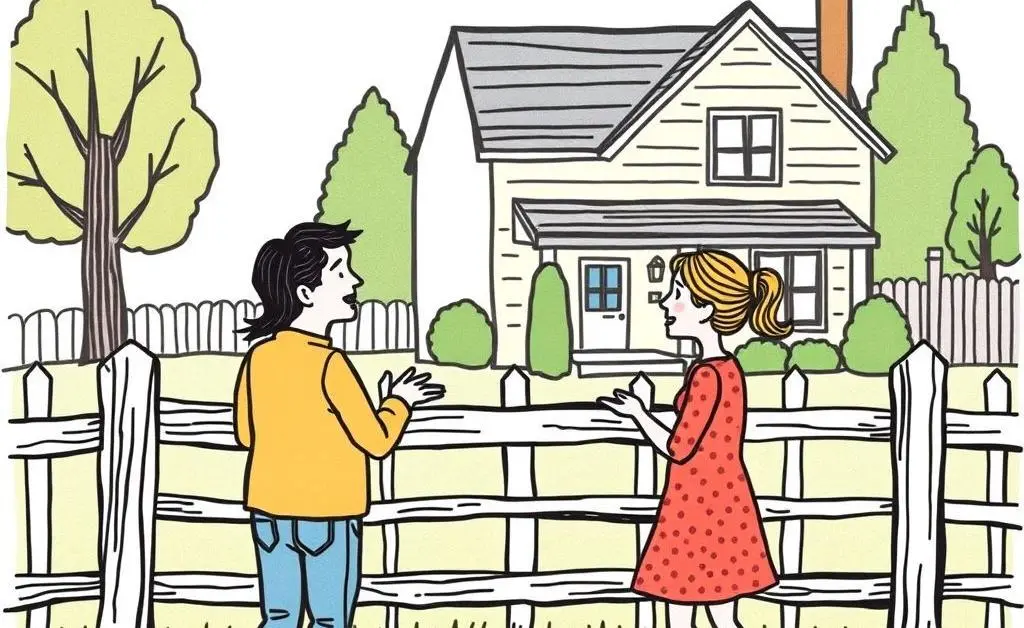 Two neighbors chatting across a fence with a house in the background
