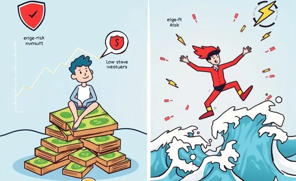 A cartoon-style chart comparing low-risk and high-risk investments.