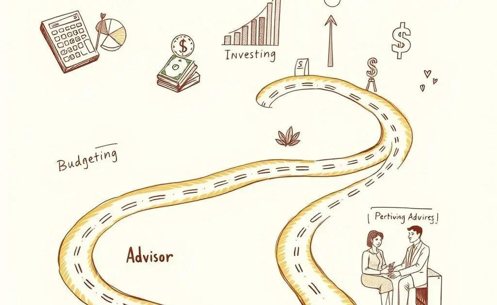 A roadmap showing different financial planning pathways: budgeting, investing, and consulting advisors.