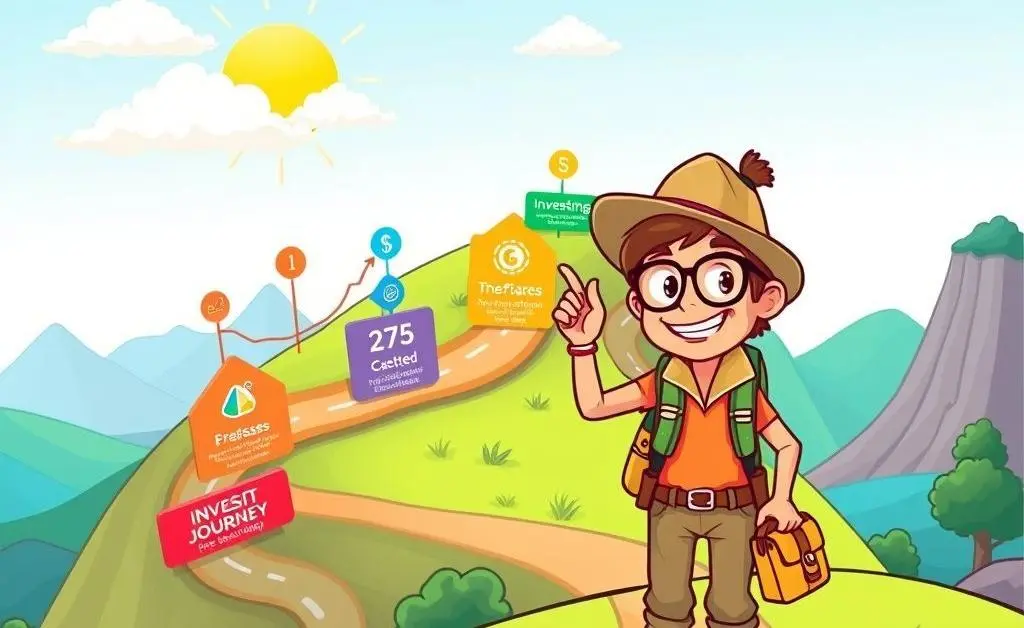 A cartoon-style investing roadmap with milestones and a cheerful explorer.