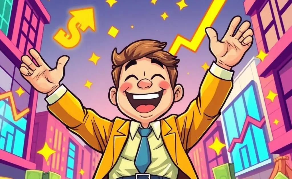Cartoon depiction of a happy investor celebrating success due to wise bond investments.