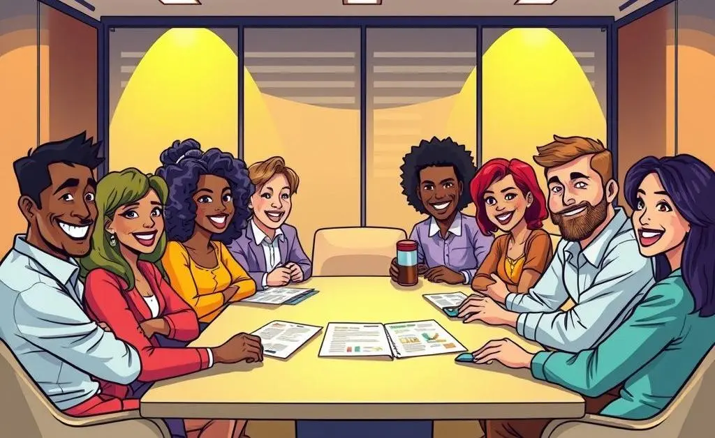 Cartoon image of a group discussing investment strategies
