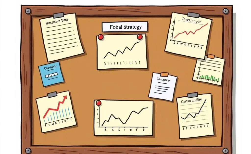 A bulletin board with pinned notes and graphs showing various investment strategies.