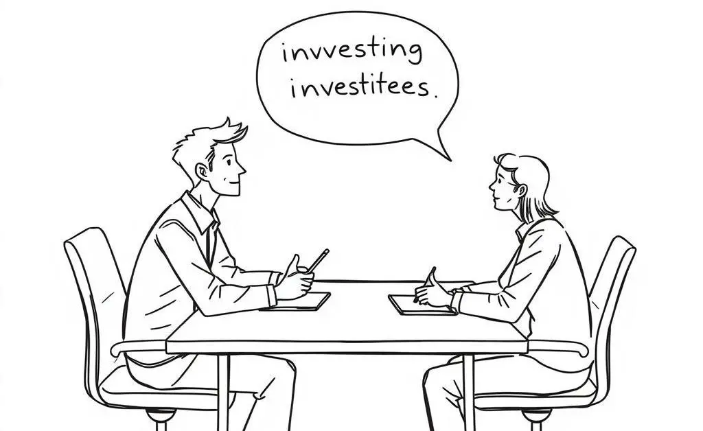 Modern, minimalist sketch of two people having a conversation at a desk about investing strategies.