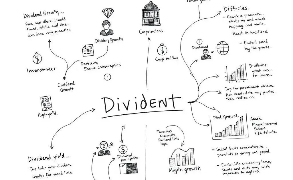 Hand-drawn roadmap illustrating different investment strategies like dividend growth and high yield.