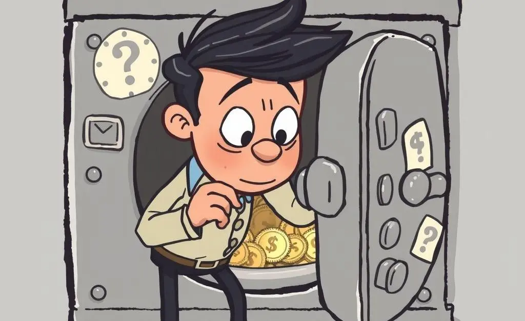 A person examining a locked safe contemplating their accounts