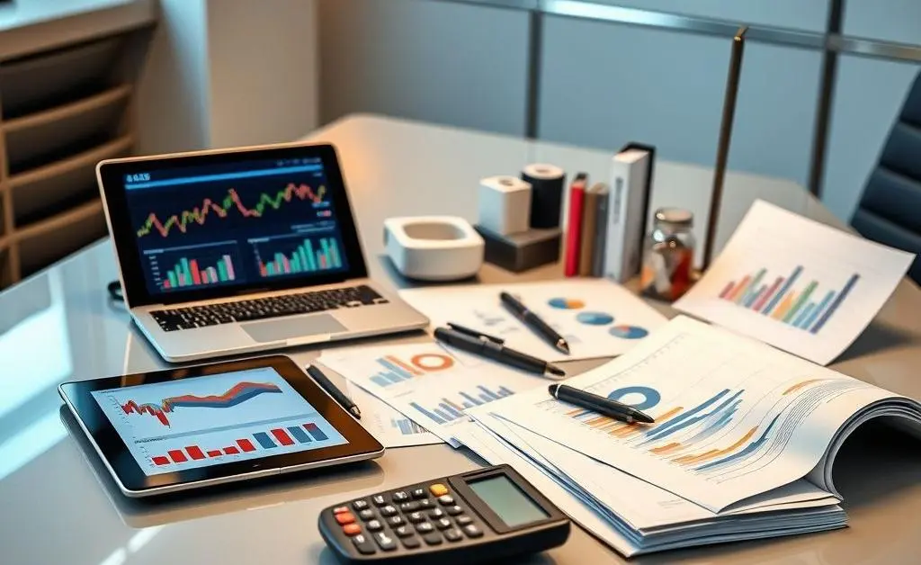 A diverse set of financial analysis tools on a stylish desk