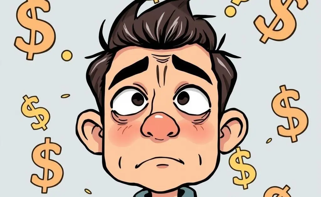 Illustration of a worried investor with floating dollar signs