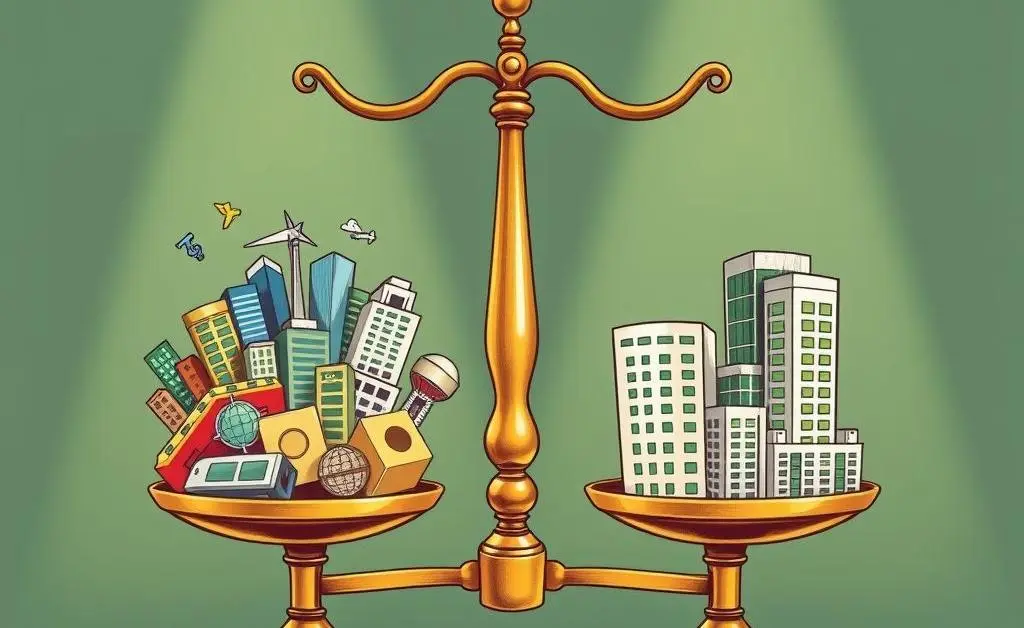 Drawing of a balance scale with ETFs on one side and REITs on the other, symbolizing investment choices.