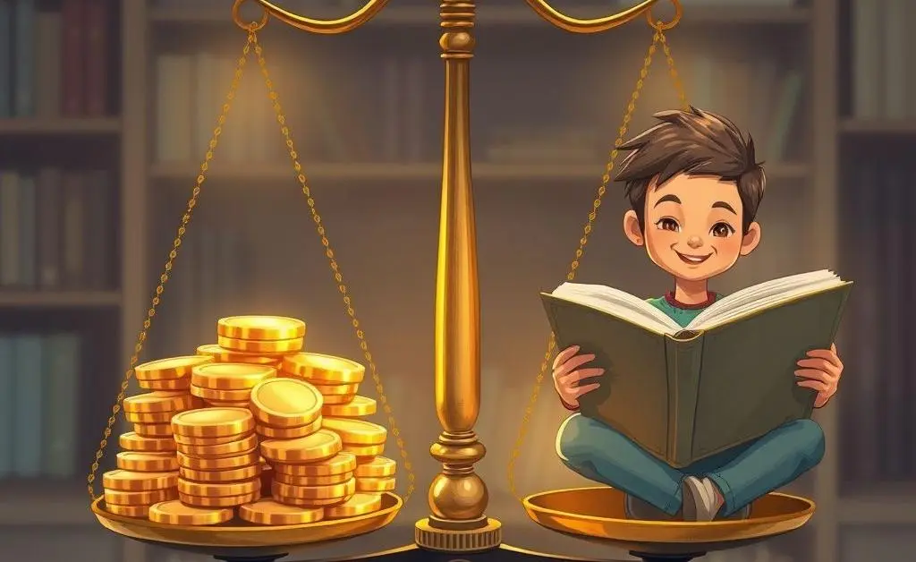 Illustration of scales balanced with stacks of coins on one side and a happy person reading on the other.