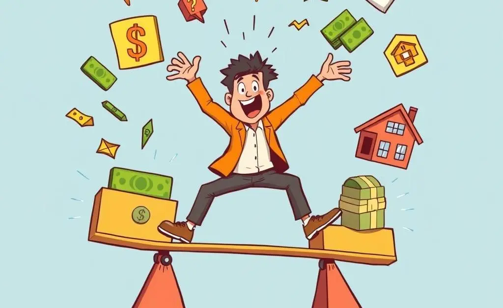 A person balancing different investment options on a seesaw.