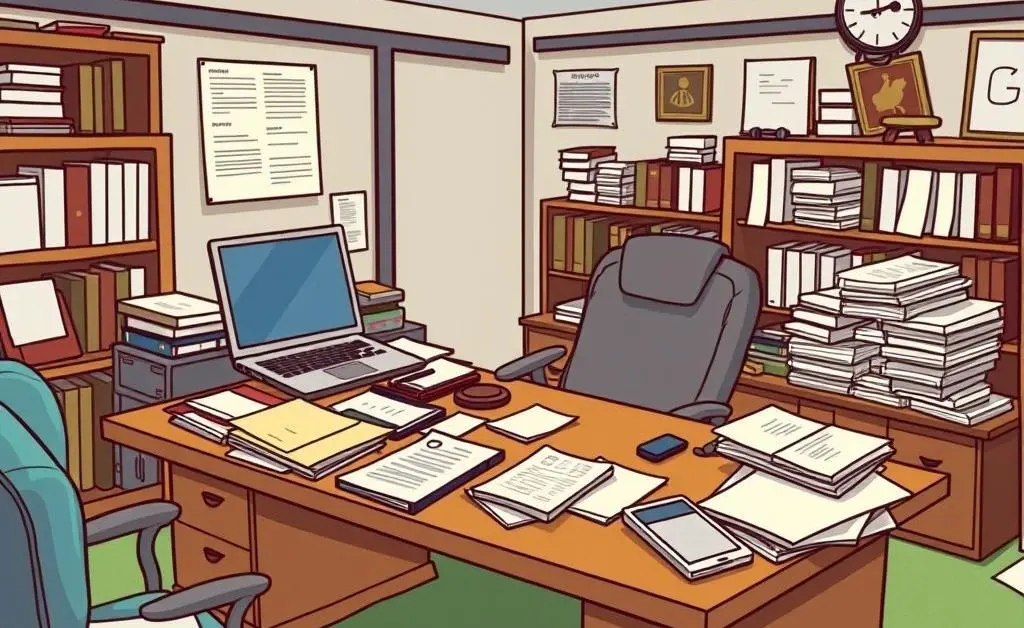 Cartoon-style image of a cluttered desk in an investment banking office with documents and a laptop.