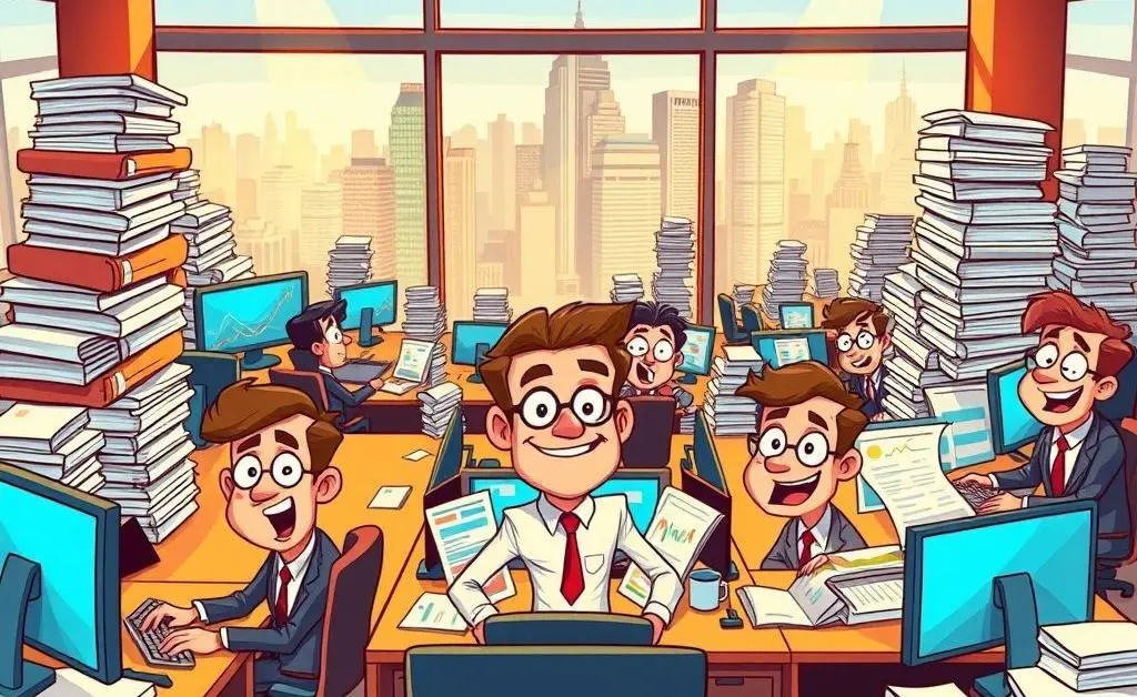 Cartoon-style depiction of an investment bank office with busy analysts and stacks of papers.