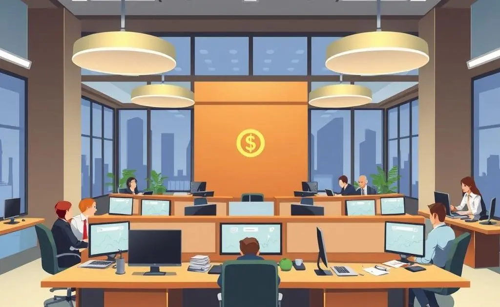 An investment banking office with sleek desks and busy professionals