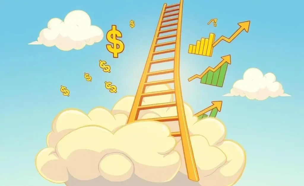 A ladder reaching up to the clouds with financial symbols.