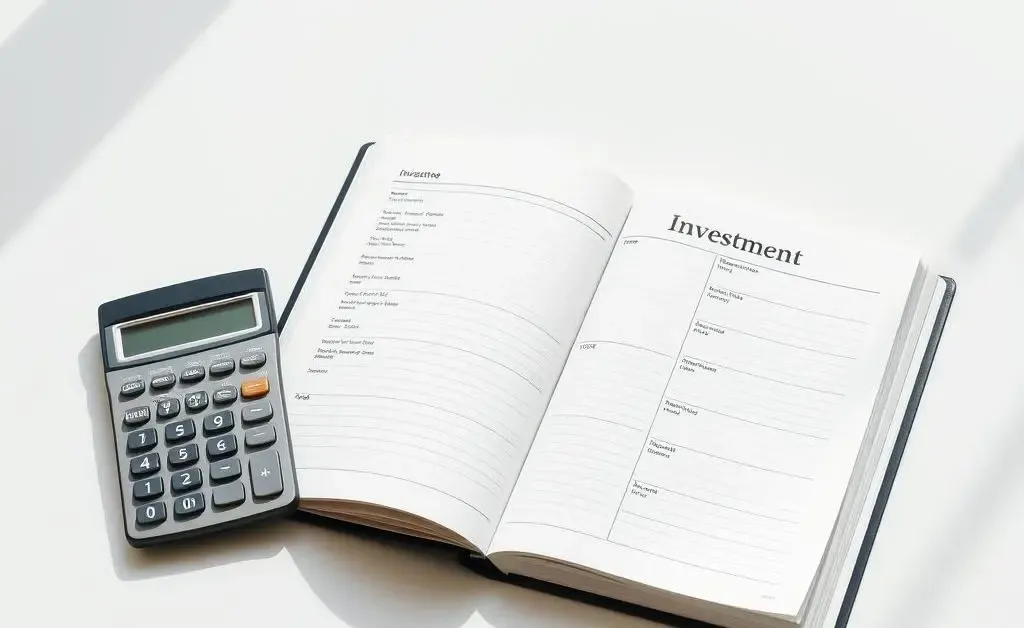 An organized desk with an investment planner and calculator