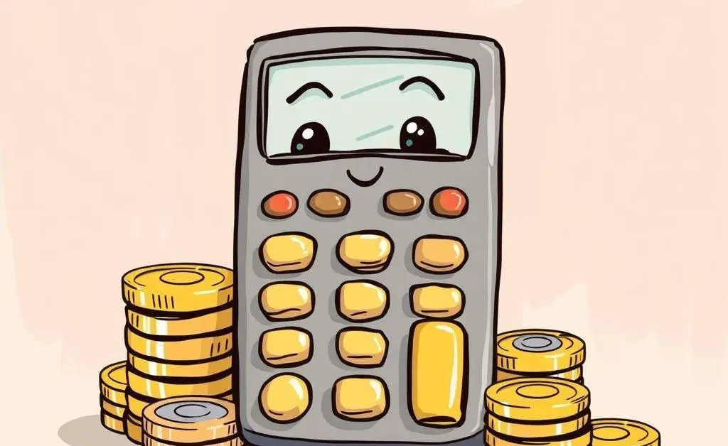 A cartoon-style hand-drawn calculator with coins around it, symbolizing financial planning