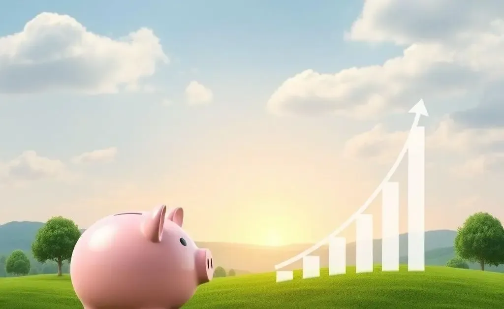 A serene landscape symbolizing calmness with a piggy bank and an upward graph.