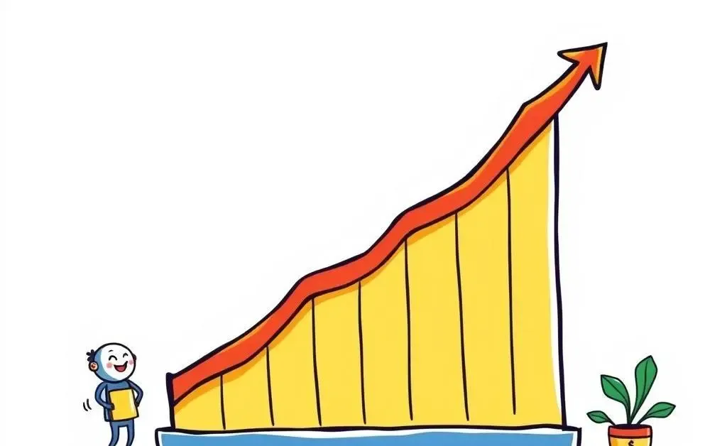 Cartoon-style sketch of a simple investment chart with upward trends