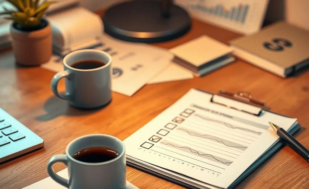 A cozy desk with a checklist and coffee cup, implying planning for investment