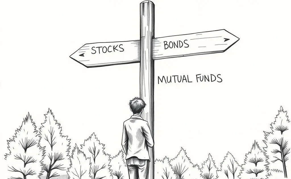 Illustration of a person at a crossroads with investment signs