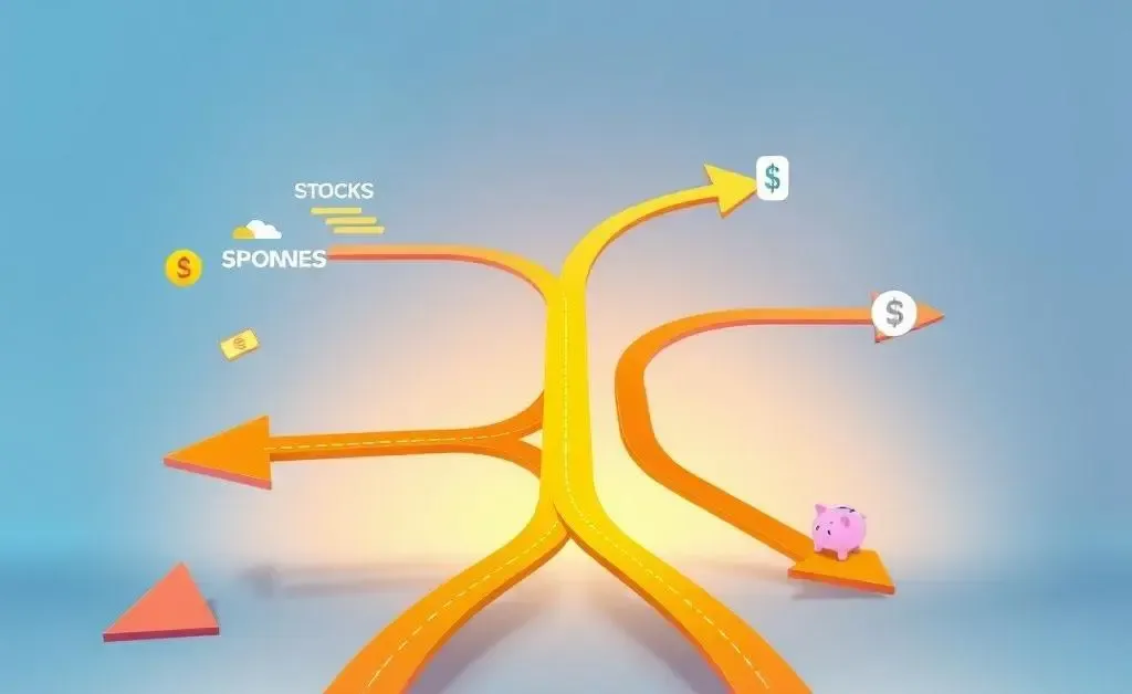 Image of a decision-making path with arrows pointing towards different types of investments, symbolizing choices