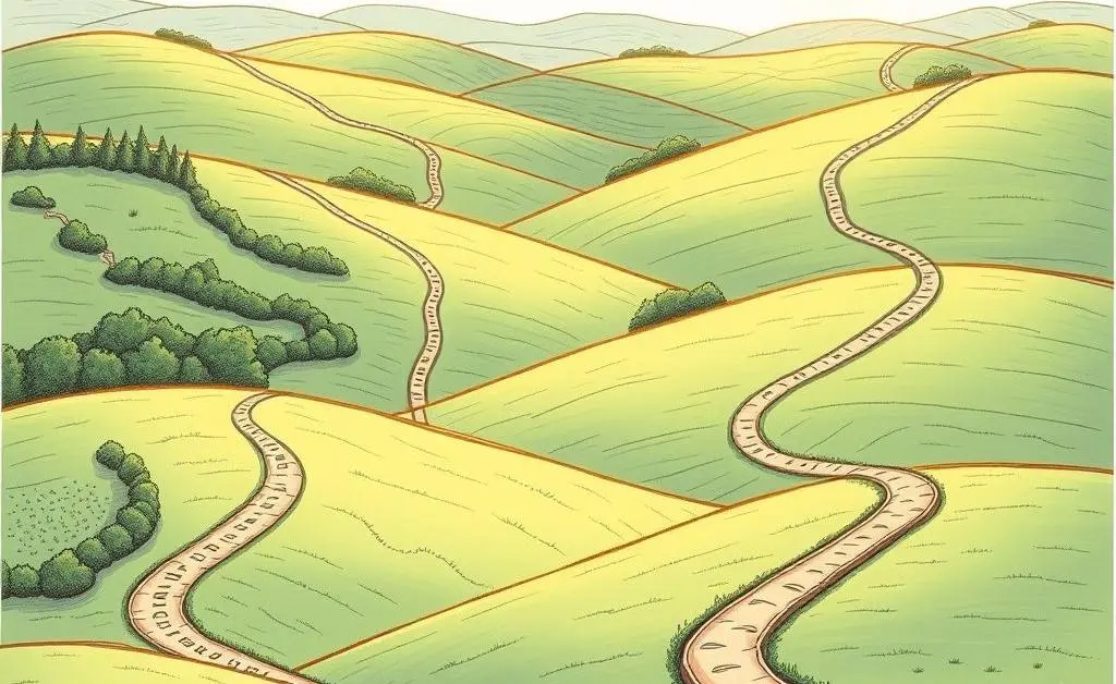 A variety of investment options depicted as different paths in a serene landscape.
