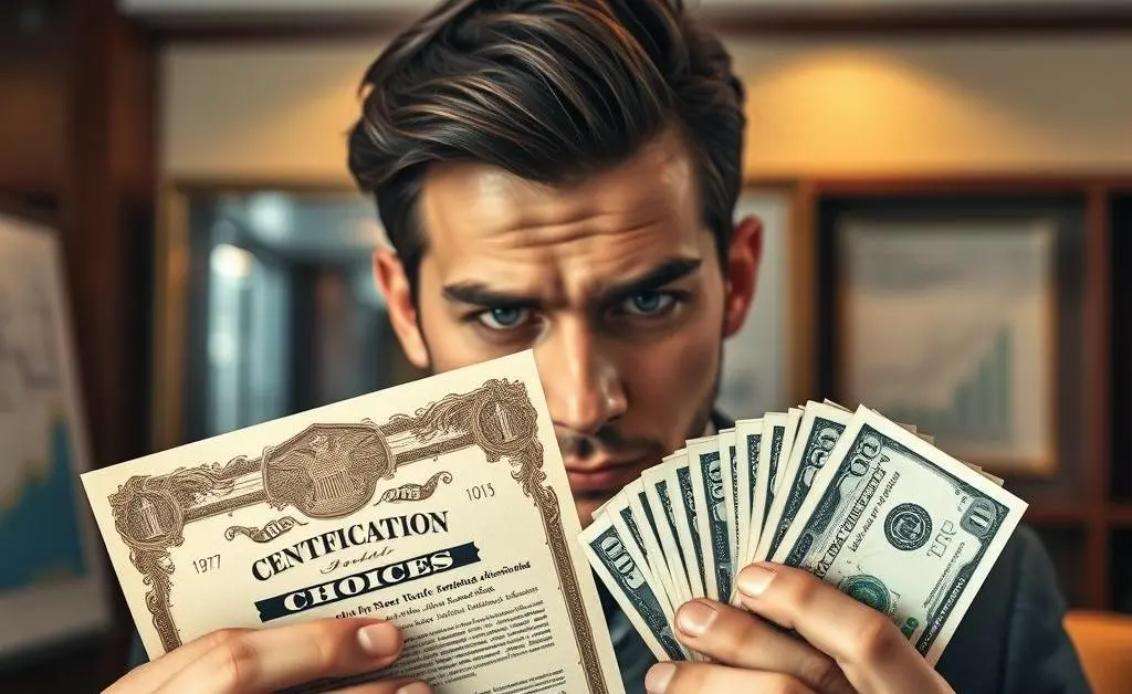 A person with a thoughtful expression holding two options: a stock certificate and cash
