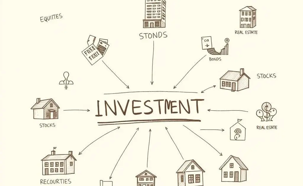 A hand-drawn chart showing different investment choices like stocks, bonds, and real estate.