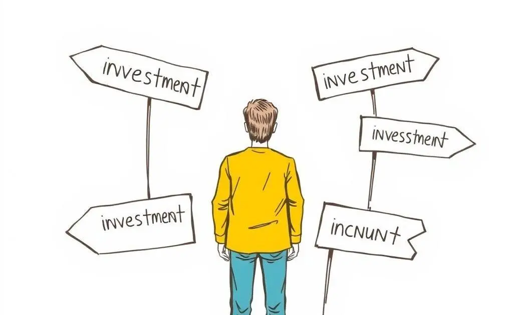 Hand-drawn style depiction of a person standing at a crossroads with investment options signposted.